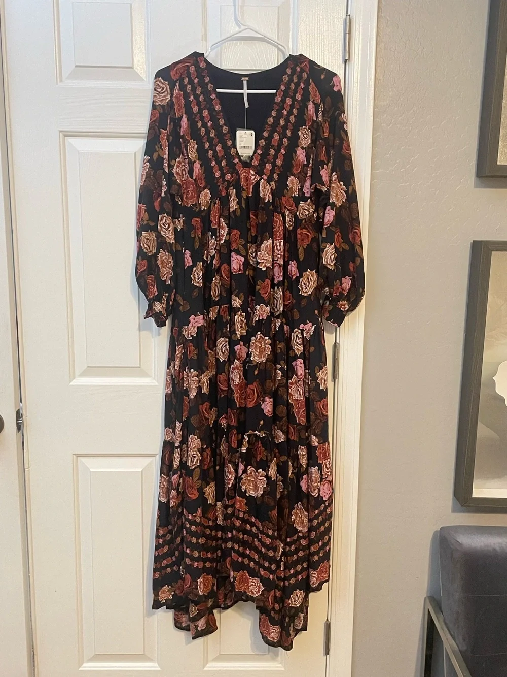 Free People Black Floral V-Neck Tiered Maxi Dress with Warm Blooms